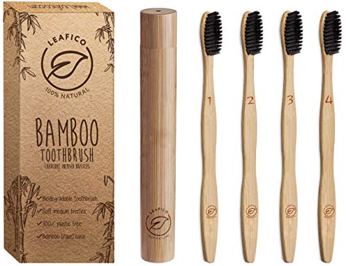 Product Cover Bamboo Toothbrush with Travel Case - Biodegradable - Eco and Vegan, Charcoal Infused Soft Bristles for Natural Teeth Whitening - Recycled Paper Packaging, 4-Pack, Zero Waste Gift by Leafico