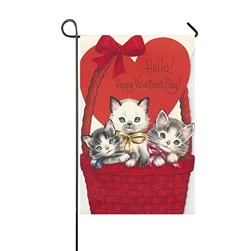 Product Cover Rossne G sun Hello Happy Valentine's Day Cats Sit In The Red Basket Garden Flag House Flag Decoration Double Sided Flag 12.5 x 18 Inch