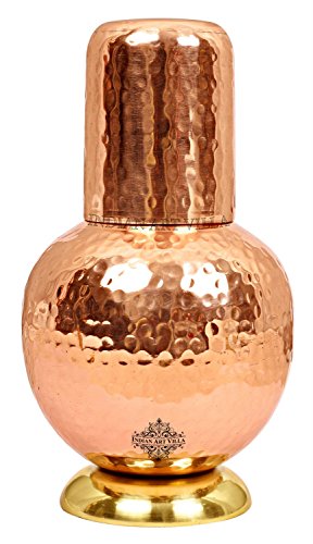 Product Cover Indian Art Villa Hammered Pure Copper Surai Design Bedroom Water Bottle with Inbuilt Glass,25 OZ