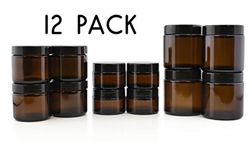 Product Cover Combo Pack of 1, 2 & 4-Ounce Amber Glass Straight Sided Jars (4 Each / 12 Total); Great Containers for Cosmetics, Lotions, Body Scrubs & Balms