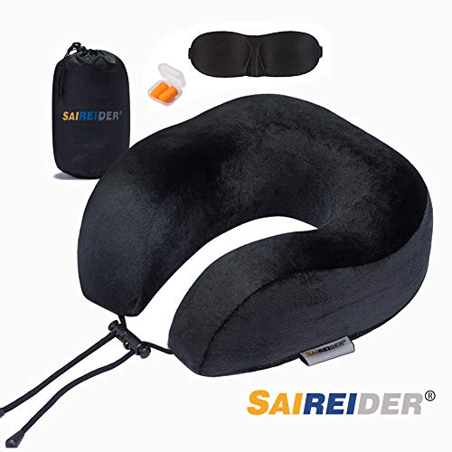 Product Cover SAIREIDER Travel Neck Pillow for Airplane Sleeping 100% Memory Foam Adjustable Travel Pillows with Storage Bag, Sleep Mask and Earplugs-Prevent The Heads from Falling Forward-Black