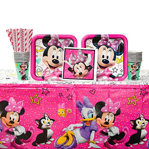 Product Cover Minnie Mouse Happy Helpers Birthday Party Supplies Pack for 16 Guests | Straws, Dinner Plates, Lunch Napkins, Cups, and Table Cover| Celebrate Your Kid's Birthday with this Minnie Mouse Party Bundle
