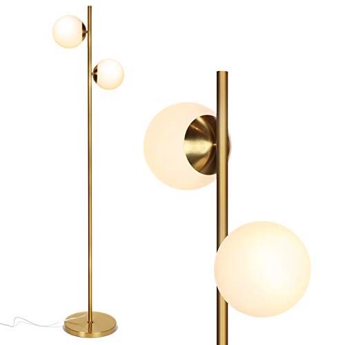 Product Cover Brightech Sphere LED Floor Lamp- Contemporary Modern Frosted Glass Globe Lamp with Two Lights- Tall Pole Standing Uplight Lamp for Living Room, Den, Office, Bedroom- Bulbs Included- Antique Brass