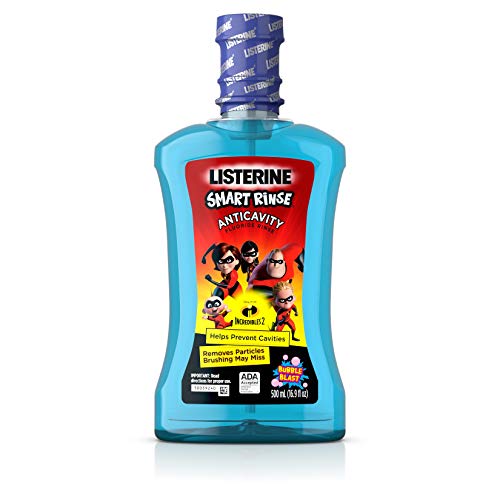 Product Cover Listerine Smart Rinse Kids Alcohol-Free Anticavity Fluoride Mouthwash Featuring Disney/Pixar Incredibles 2 Packaging, Bubble Blast Flavor for Kids Oral Care, 500 mL (Pack of 1)