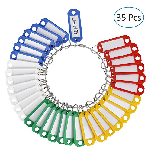 Product Cover Uniclife 35 Pack Plastic Key Tags with Split Rings Label Window Assorted Colors with 2 Stainless Steel Wire Ring Loop
