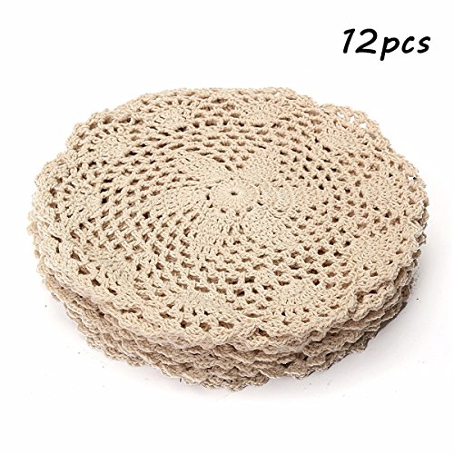 Product Cover king do way 12Pcs Hand Crocheted Doilies,Beige 8'' Round Floral Crochet Lace Flower Doily French Country Placemat crocheted doilies