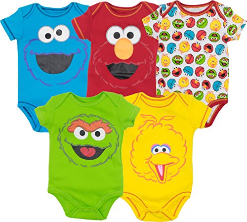 Product Cover Sesame Street Baby Boy Girl 5 Pack Bodysuits - Elmo, Cookie Monster, Oscar and Big Bird