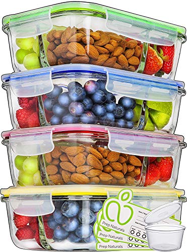 Product Cover Prep Naturals Glass Meal Prep Containers 3 Compartment - Food Containers Meal Prep Food Prep Containers Lunch Containers Glass Containers with Lids Freezer Containers Bento Box (4 Pack, 34 Ounce)