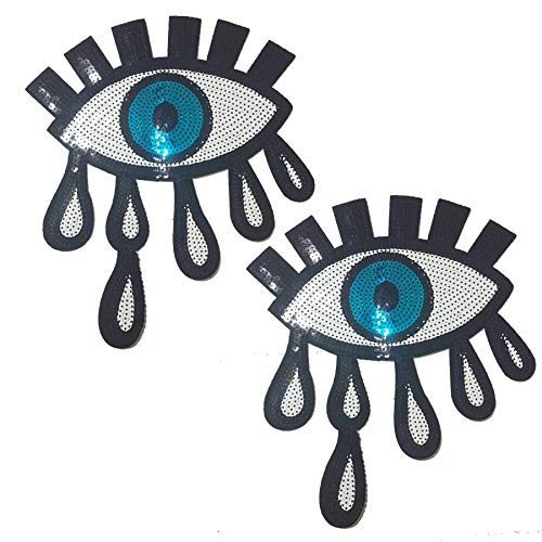 Product Cover Special100% 2 PCS Large Blue Eyes Patches,Iron On Patches Or Sew on for Clothing Glitter Sequin Embroidered, Blue Sequins Patches DIY Motif Embroidered Applique Craft