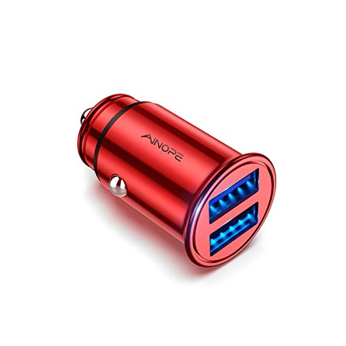 Product Cover AINOPE Car Charger, 4.8A All Metal Car Charger Adapter Dual USB Port Fast Car Charging Mini Flush Fit Compatible with iPhone Xs max/XR/x/7/6s, iPad Air 2/Mini 3, Note 9/Galaxy S10/S9/S8 - Red