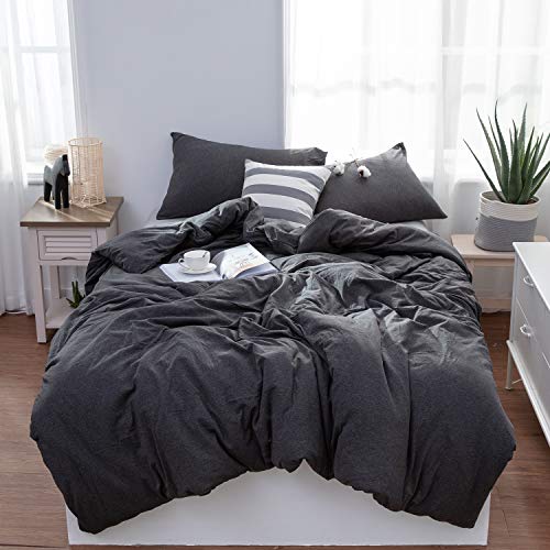 Product Cover LIFETOWN Jersey Knit Cotton Duvet Cover King, 1 Duvet Cover and 2 Pillowcases, Simple Solid Design, Super Soft and Easy Care (King, Dark Gray)