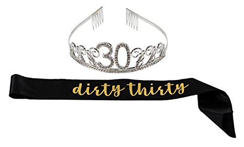 Product Cover Happy Birthday Tiara and Sash Set - Rhinestone Queen Tiara with Dirty Thirty Satin Sash Decoration for 30th Birthday