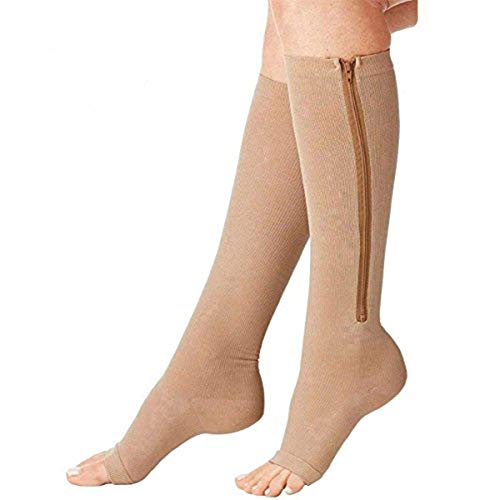 Product Cover Compression Socks (2 Pairs) New Compression Zip Sox Socks Stretchy Zipper Leg Support Unisex Open Toe Knee Stockings (Beige, XXL)