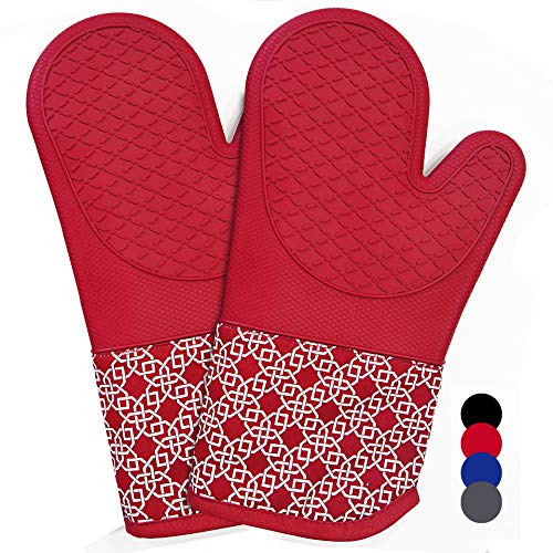 Product Cover Heat Resistant Silicone Shell Kitchen Oven Mitts for 500 Degrees with waterproof, Set of 2 Oven Gloves with cotton lining for BBQ Cooking set Baking Grilling Barbecue Microwave Machine Washable Red