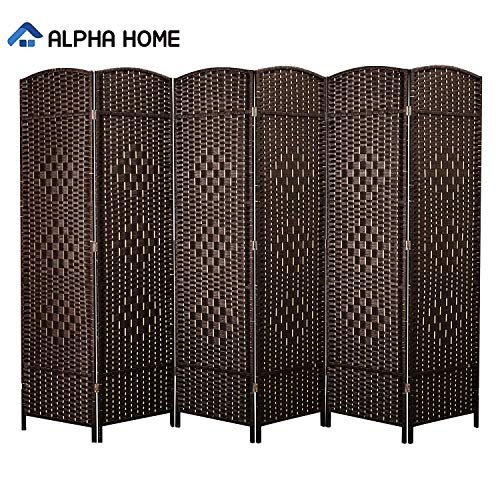 Product Cover ALPHA HOME 6 Panel Room Divider - 6 FT Tall Extra-Wide Handcrafted Weave Wood Framed Folding Privacy Screen Diamond Pattern, Dark Brown