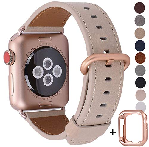Product Cover JSGJMY Compatible with Apple Watch Band 38mm 40mm 42mm 44mm Women Men Genuine Leather Replacement Strap for iWatch Series 5 4 3 2 1 (Light tan with Series 5/4/3 Rose Gold Clasp, 38mm/40mm S/M)