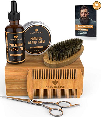 Product Cover Naturenics Premium Beard Grooming Kit for Men - 100% Organic Unscented Beard Oil,Beard Balm Butter Wax, Beard Brush, Beard Comb, Beard Scissors for Beard & Mustache-with Bamboo Gift Set & eBook