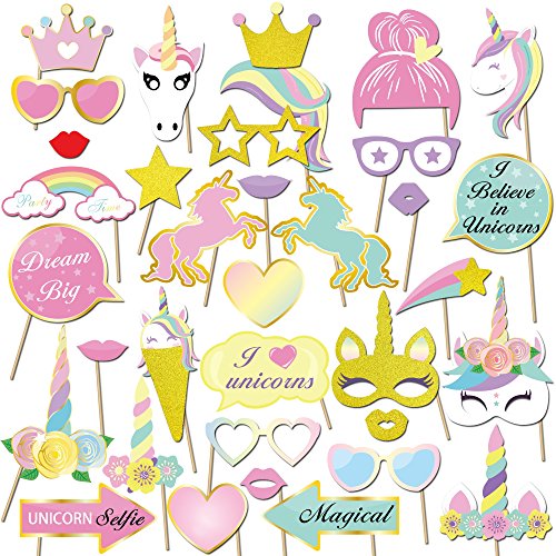 Product Cover Unicorn Party Supplies(35Count),Konsait Glitter Unicorn Photo Booth Props Funny Rainbow Unicorn Pegasus Photo Props for Unicorn Baby Shower Birthday Party Decoration Favors Supplies for Girl Kids
