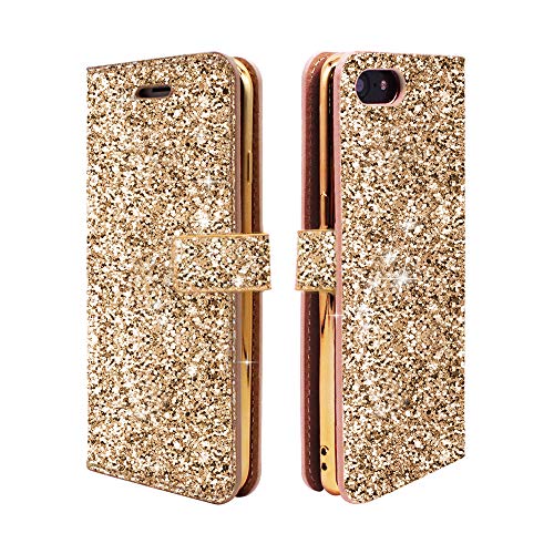 Product Cover iPhone 8 Plus Wallet Case, iPhone 7 Plus Case, ClarksZone Glitter Sequins Magnetic Closure PU Leather Protective Flip Case Cover with Kickstand and Card Slots for Apple iPhone 8P/7P/6s P/ 6P- Gold