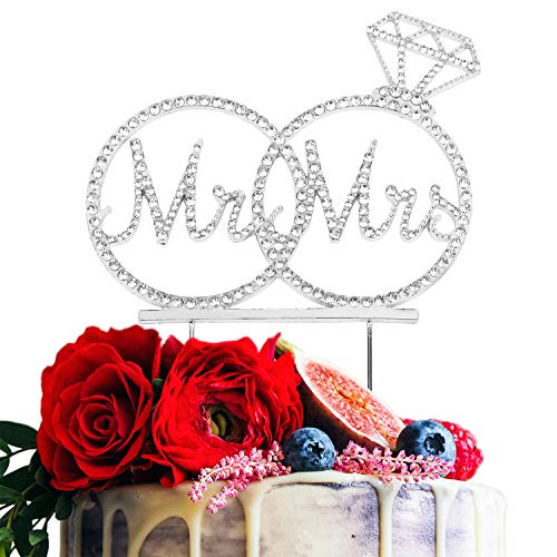 Product Cover Hatcher lee Mr & Mrs Cake Topper for Wedding Anniversary Rings Crystal Rhinestone Party Decoration (Silver)
