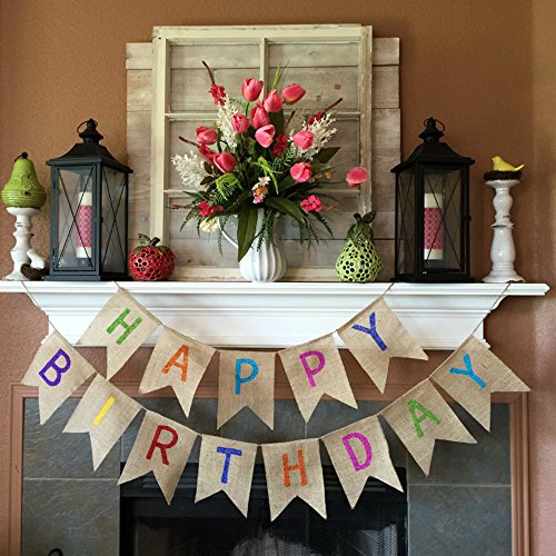 Product Cover Vagski Happy Birthday Burlap Banner Colorful Bunting Banner Garland Flags for Birthday Party Decorations VAG041