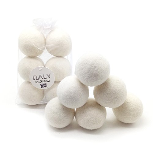 Product Cover RALY Wool Dryer Balls XL 6-Pack, Organic Reusable Fabric Softener, All Natural Alternative to Dryer Sheets, 100% New Zealand Wool, Non Toxic, Chemical Fee, Hypoallergenic, Baby Safe, Bag Included.