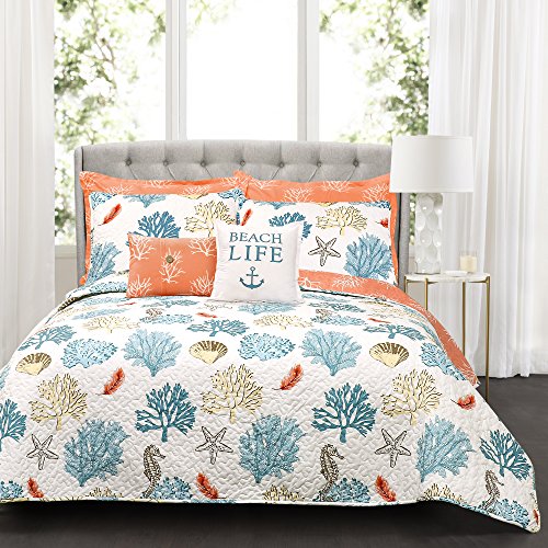 Product Cover Lush Decor 7 Piece Coastal Reef Feather Quilt Set, King, Blue & Coral