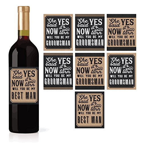 Product Cover 6 Will You Be My Groomsman + 1 BONUS Best Man Proposal Wine, Beer, Whiskey, Liquor Bottle Labels or Stickers Set, Wedding Engagement Supplies For Groomsmen Party Favors Best Way To Ask Your Grooms Men