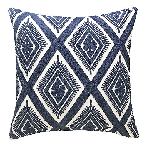 Product Cover SLOW COW Cotton Embroidery Cushion Cover Decorative Throw Pillow Cover Geometric Invisible Zipper Pillow Cover for Living Room, 18x18 Inch, Navy Blue