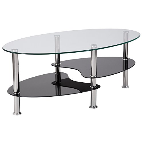 Product Cover Flash Furniture Hampden Glass Coffee Table with Black Glass Shelves and Stainless Steel Legs , One Size - HG-600920-GG