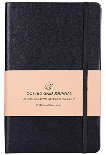 Product Cover Dotted Grid Notebook/Journal - Dot Grid Hard Cover Notebook, Premium Thick Paper with Fine Inner Pocket, Black Smooth Faux Leather, 5''×8.25''