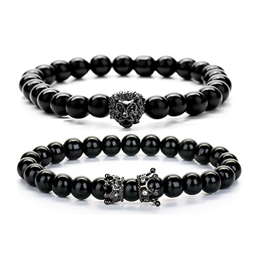 Product Cover Joya Gift Black 8mm Round Beads Bracelet Set for Men Crown Tiger Head Charm Handmade Jewelry