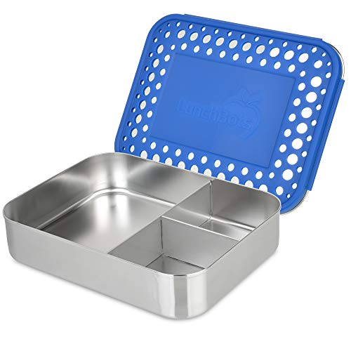 Product Cover LunchBots Large Trio Stainless Steel Lunch Container -Three Section Design for Sandwich and Two Sides - Metal Bento Lunch Box for Kids or Adults - Eco-Friendly - Stainless Lid - Blue Dots