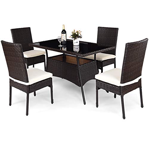 Product Cover Tangkula Patio Furniture, 5 PCS All Weather Resistant Heavy Duty Wicker Dining Set with Chairs, Perfect for Balcony Patio Garden Poolside, 5 Piece Wicker Table and Chairs Set