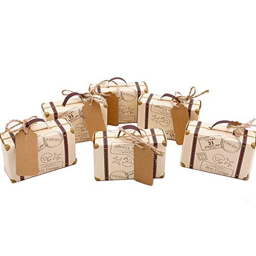 Product Cover VGOODALL 50pcs Mini Suitcase Favor Box Party Favor Candy Box, Vintage Kraft Paper with Tags and Burlap Twine for Wedding/Travel Themed Party/Bridal Shower Decoration