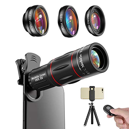 Product Cover Apexel Phone Photography Kit-Flexible Phone Tripod +Remote Shutter +4 in 1 Lens Kit-High Power 18X Monocular Telephoto Lens, Fisheye, Macro & Wide Angle Lens for iPhone X 8 7 6 Plus Samsung Smartphone