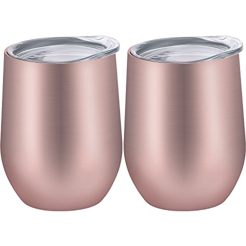 Product Cover Skylety 12 oz Insulated Wine Tumbler with Lid, Stainless Steel Stemless Wine Glass Double Wall Vacuum Insulated Travel Tumbler Cup for Coffee, Drinks, Champagne, Beverage, 2 Pieces (Rose Gold)