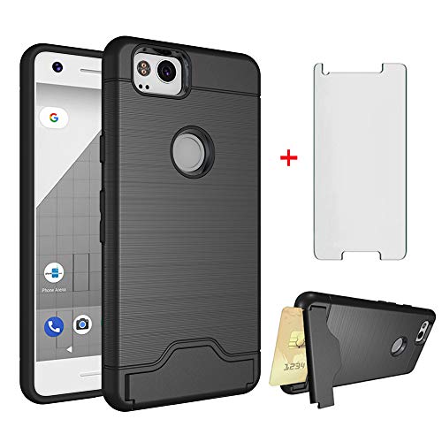 Product Cover Phone Case for Google Pixel 2 with Tempered Glass Screen Protector Cover and Credit Card Holder Slim Hard Wallet Stand Kickstand Hybrid Cell Accessories Pixel2 Pixle Two G011A Cases Women Men Black