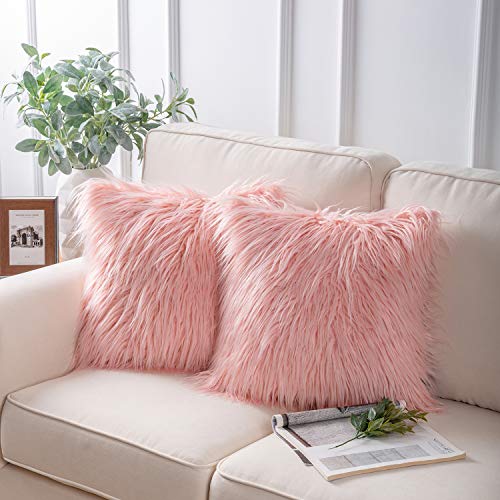 Product Cover Phantoscope Set of 2 Decorative New Luxury Series Merino Style Pink Fur Throw Pillow Case Cushion Cover 18