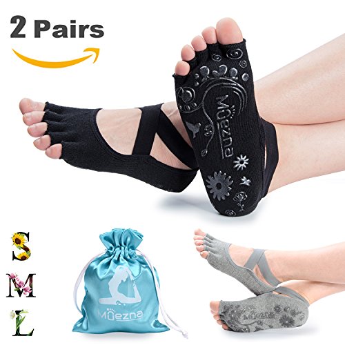 Product Cover Muezna Non Slip Yoga Socks for Women, Toeless Anti-Skid Pilates, Barre, Ballet, Bikram Workout Socks with Grips (Black Gray, Small (Women 4.5-8.5))