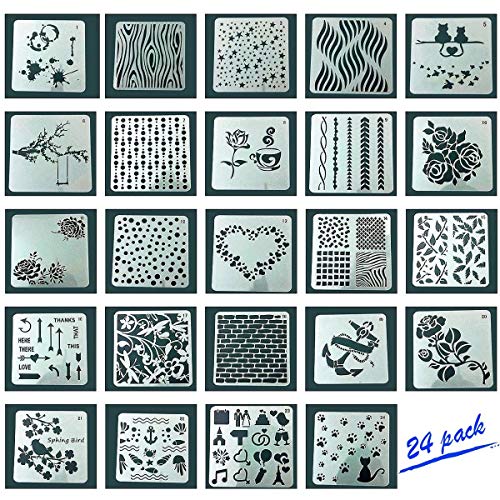 Product Cover Eliseo 24 PCS Mix Pattern Journal Stencil Plastic Planner Set for Journal / Notebook / Diary / Scrapbook DIY Drawing Template Stencil 5x5 Inch