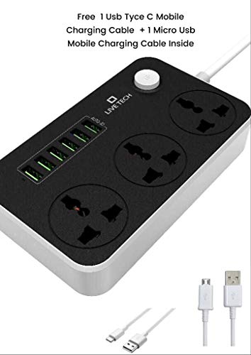 Product Cover Live Tech PS06 with 6 USB 3 Universal Sockets 3.4 A Smart Spike Power Strip Auto-ID USB with Extension Cord with USB Port and Surge Protector Ports with Indicator,2 Meter Cable Length (Black)