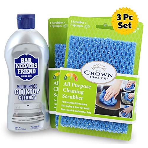 Product Cover Bar Keepers Friend Cooktop Cleanser (13 OZ) with Two All Purpose Scrubber Cloth | Heavy Duty Glass, Range and Cooktop Cleaner
