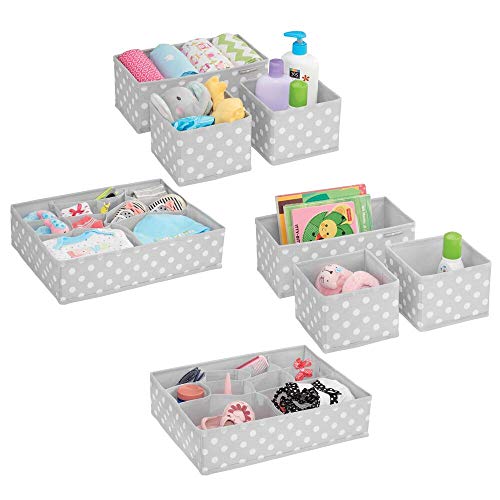 Product Cover mDesign Soft Fabric Dresser Drawer and Closet Storage Organizer Set for Child/Kids Room, Nursery - Includes Large and Small Organizers - Polka Dot Pattern, Set of 8 - Light Gray/White