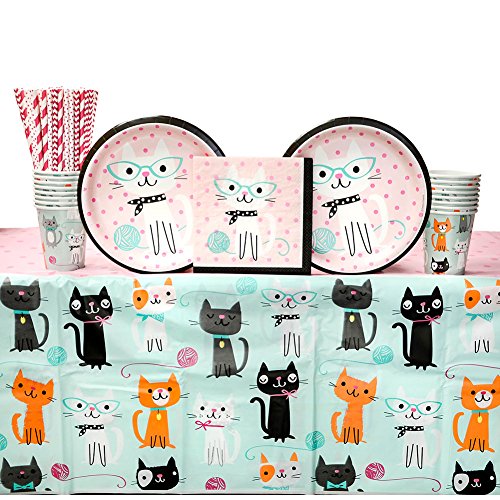 Product Cover Purr-FECT Birthday Party Supplies Pack for 16 Guests: Straws, Dinner Plates, Luncheon Napkins, Table Cover, and Cups
