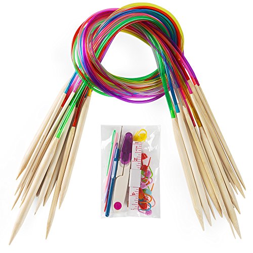 Product Cover 18 Pairs Bamboo Knitting Needles Set, Vancens Premium Circular Wooden Knitting Needles with Colorful Plastic Tube, 5 Kind of Tools for Weave are Included, 18 Sizes: 2mm - 10mm, 31.5