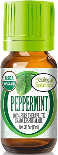 Product Cover Organic Peppermint Essential Oil (100% Pure - USDA Certified Organic) Best Therapeutic Grade Essential Peppermint Oils for Diffuser from Healing Solutions, use to repel mice, hair growth & more - 10ml