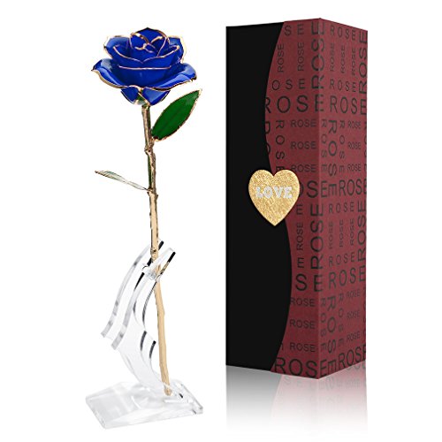 Product Cover 24K Gold Foil Trim Blue Rose Flower Long Stem with Transparent Stand, Anniversary Gifts for Her, Best Gift for Valentines Day, Mothers Day, Wedding, Birthday Gift, Treating Yourself (Blue)