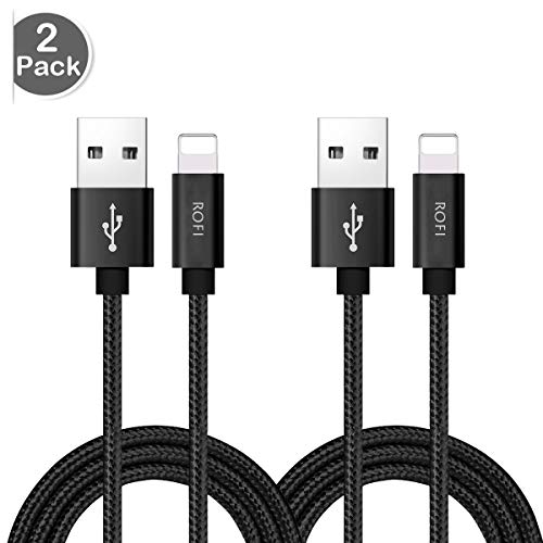 Product Cover RoFI Compatible iPhone Cable, [2Pack] 2FT Nylon Braided Fast Charging USB Cord Replcement for iPhone X 8 8 Plus 7 7 Plus 6s 6s Plus 6 6 Plus 5 5S 5C SE iPad Air Mini and iPod (2 Pack Black, 2 FT)