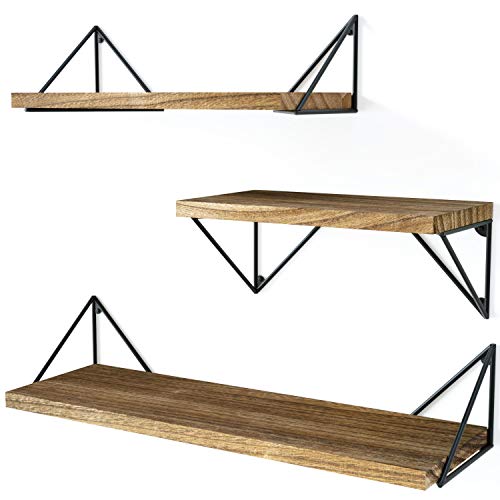 Product Cover SRIWATANA Floating Shelves Wall Mounted Set of 3, Rustic Wood Wall Mount Shelves for Bedroom, Bathroom, Living Room, Kitchen(Carbonized Black)